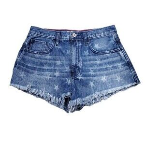 Hollister Star Print Raw Hem High Rise Denim Jean Shorts Size 5 27 Frayed Cutoff
